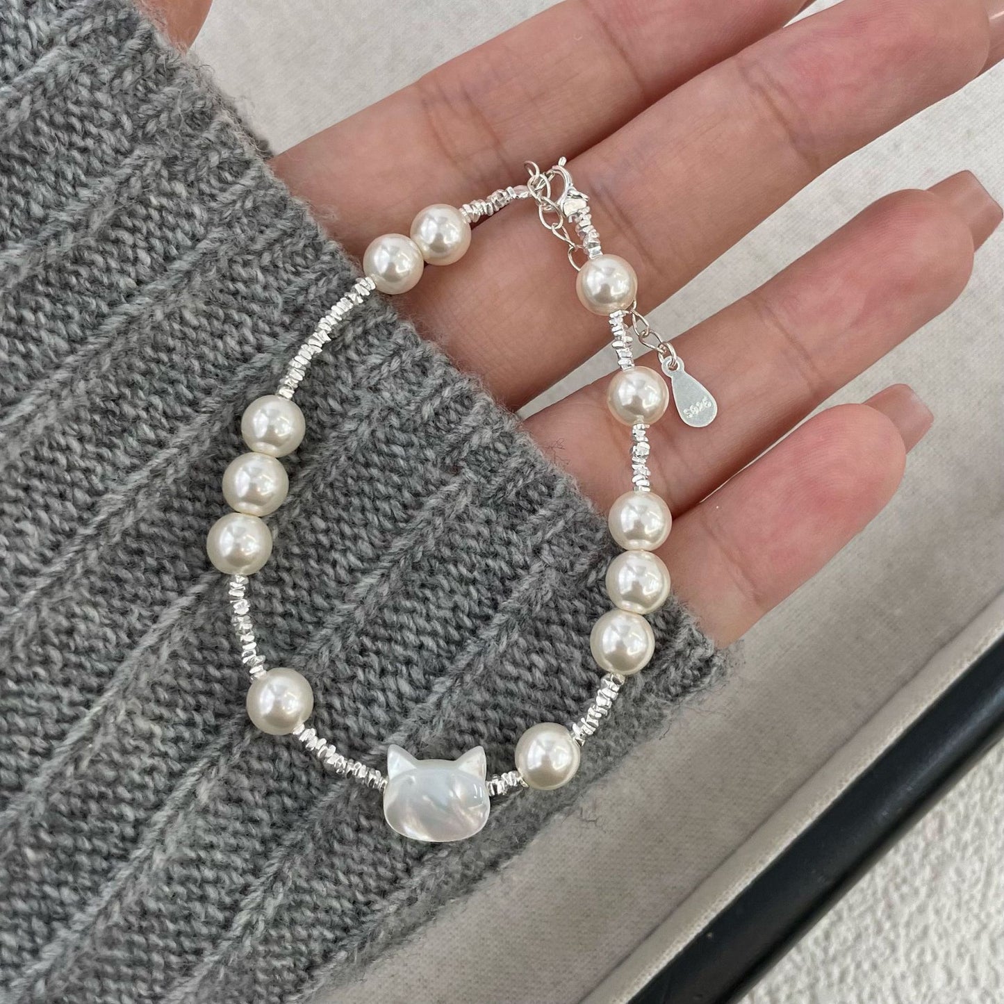 Luna Kitty Cat Pearl Beaded Bracelet S925 Sterling Silver