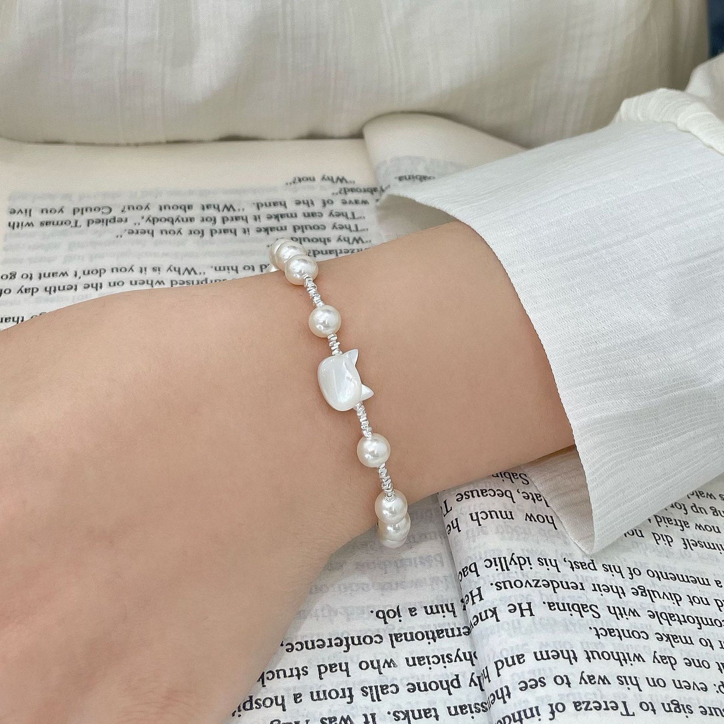 Luna Kitty Cat Pearl Beaded Bracelet S925 Sterling Silver