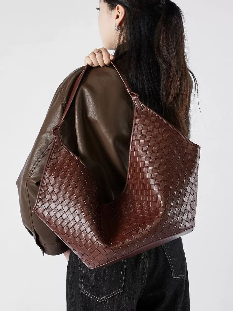 Women's Genuine Leather Woven Large Shoulder Tote Bag