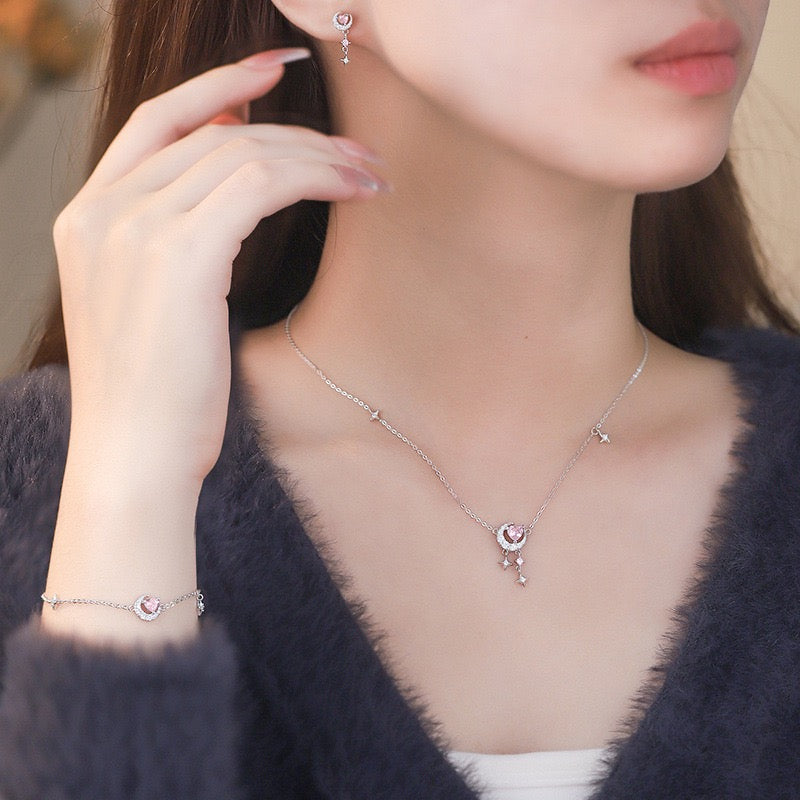 S925 Sterling Silver Heart Moon Star Jewelry Set Necklace Bracelet Earrings