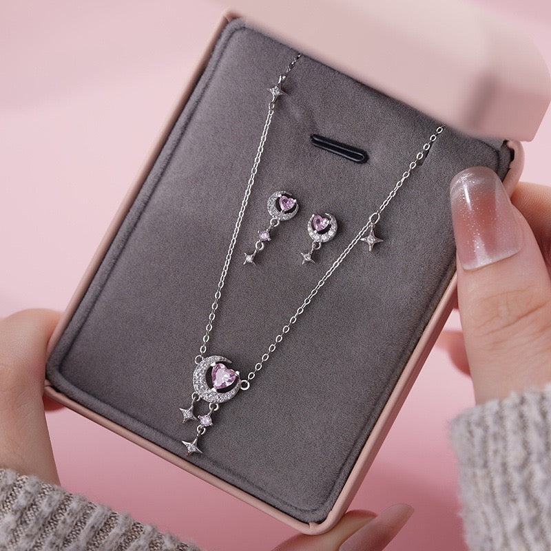 S925 Sterling Silver Heart Moon Star Jewelry Set Necklace Bracelet Earrings