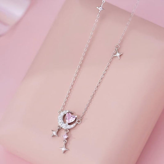 S925 Sterling Silver Heart Moon Star Jewelry Set Necklace Bracelet Earrings