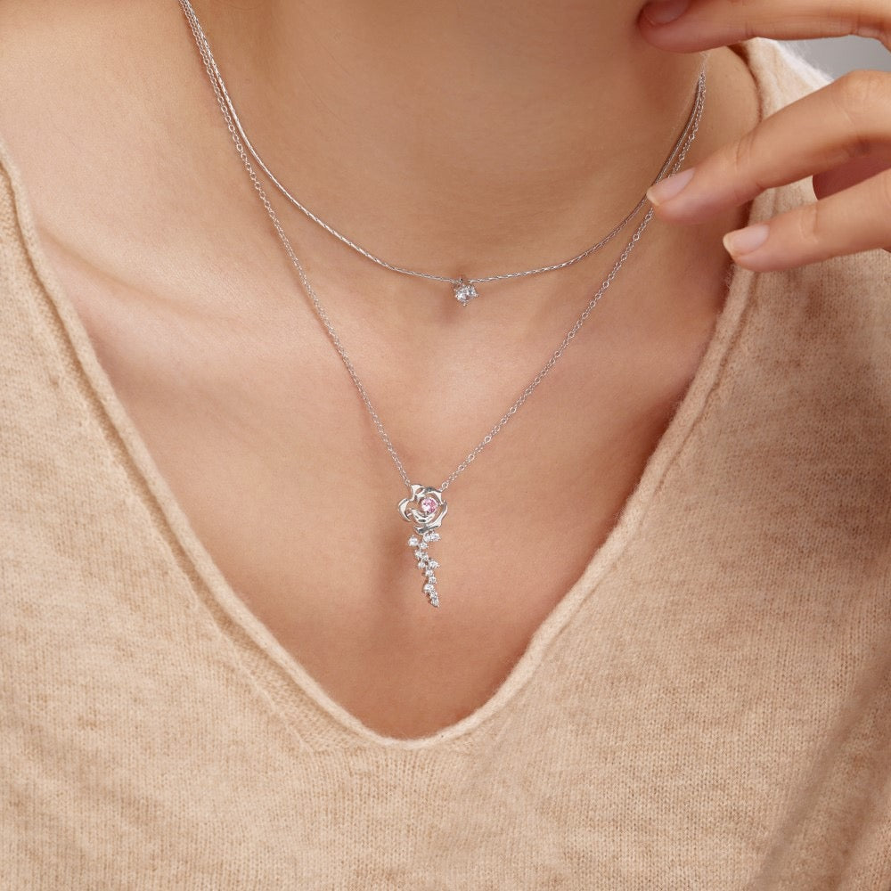 Rosette Éclat S925 Silver Pink Zircon Rose Bloom Pendant Necklace