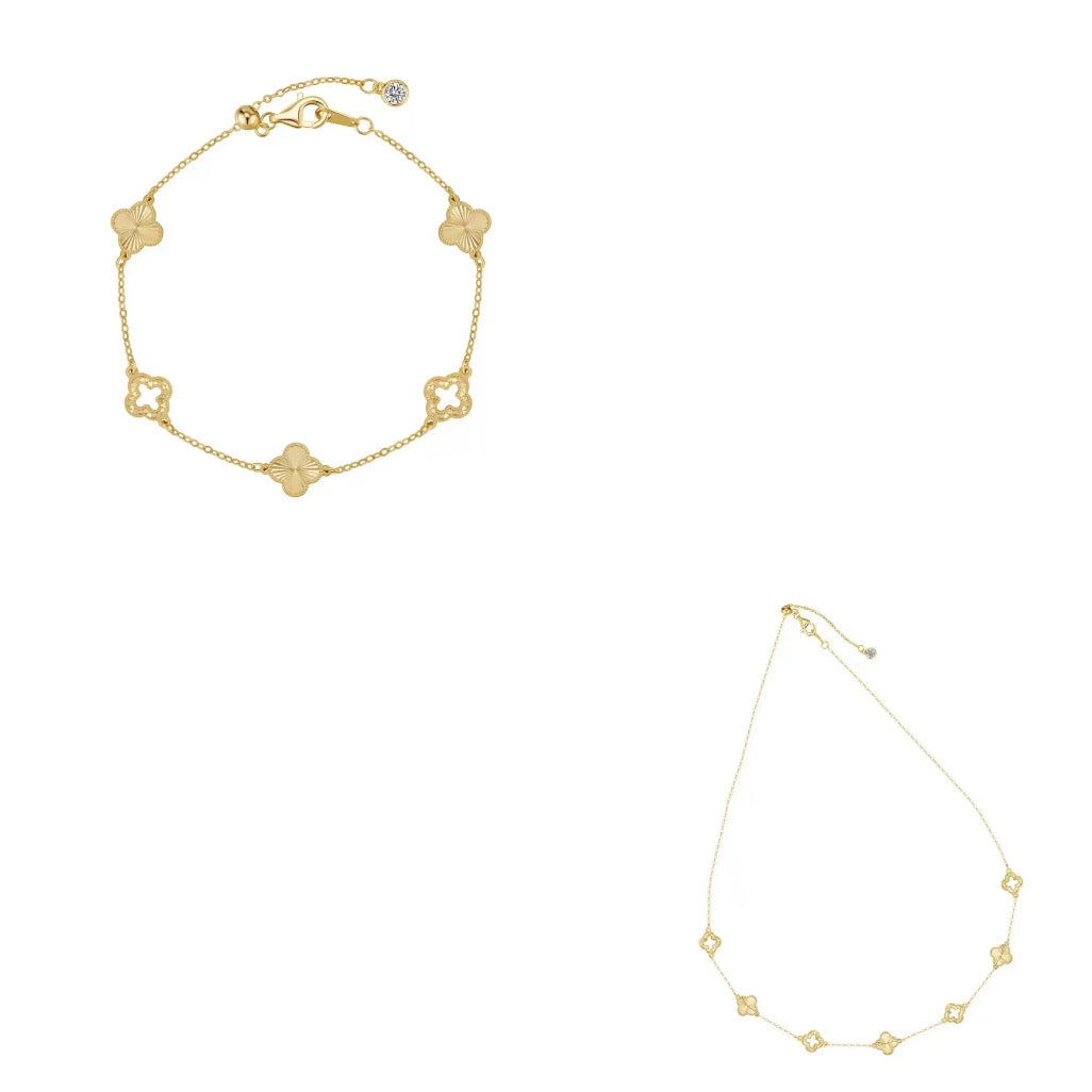 Luster Clover 925 Sterling Silver Necklace and Bracelet Set Laser Cut Clover Jewelry Set