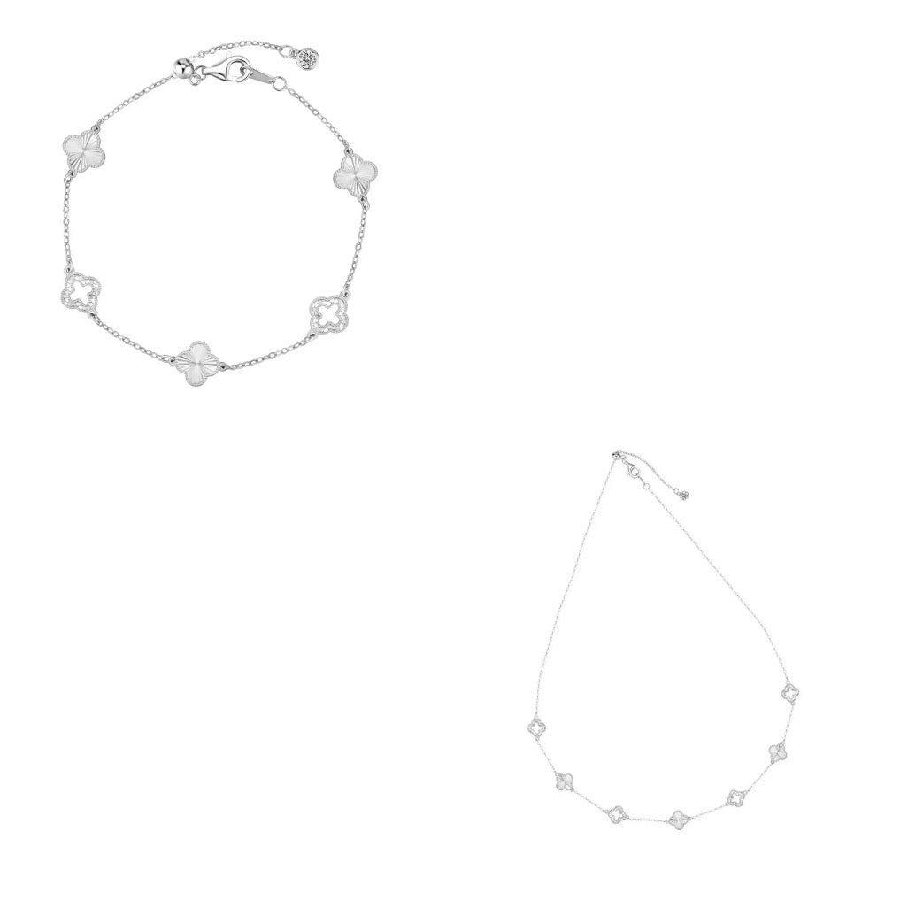 Luster Clover 925 Sterling Silver Necklace and Bracelet Set Laser Cut Clover Jewelry Set