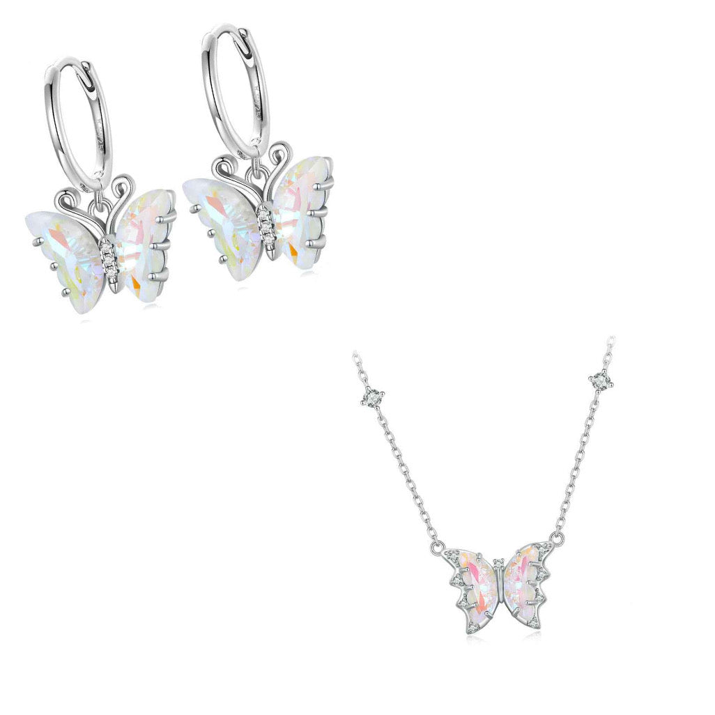 925 Sterling Silver Iridescent Butterfly Necklace and Earrings Set