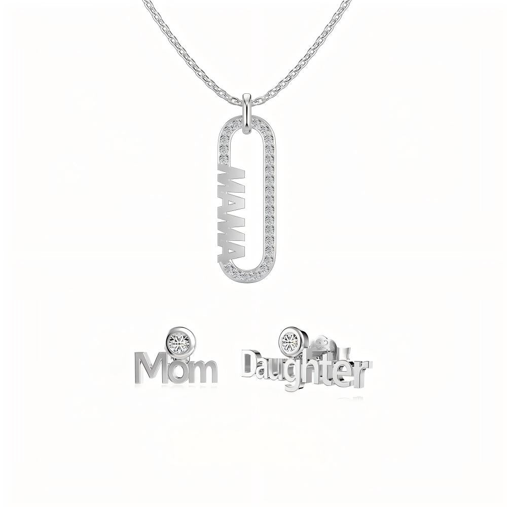 Mama Link S925 Sterling Silver Mom Necklace and Earrings Set