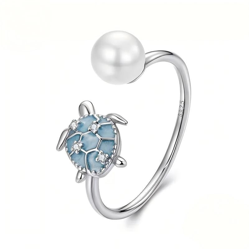Ocean Guardian S925 Sterling Silver Pearl Sea Turtle Open Ring