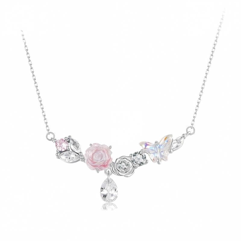 Blossom Flutter Butterfly Rose Necklace 925 Sterling Silver