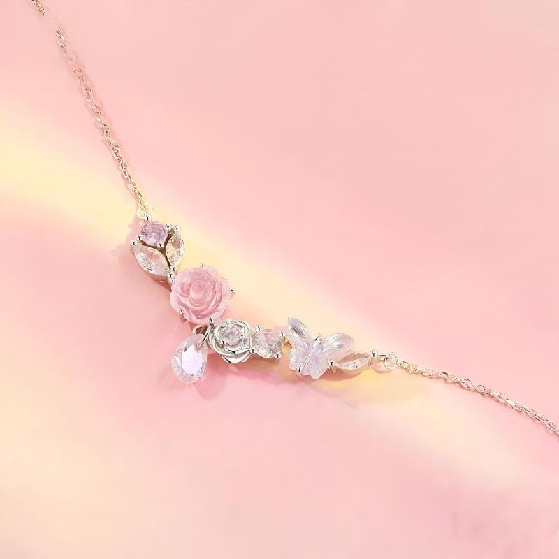 Blossom Flutter Butterfly Rose Necklace 925 Sterling Silver