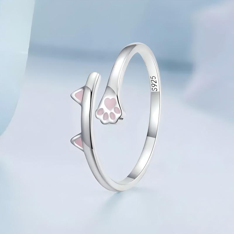 925 Sterling Silver Be Your Meow Cat Paw Pink Enamel Adjustable Ring