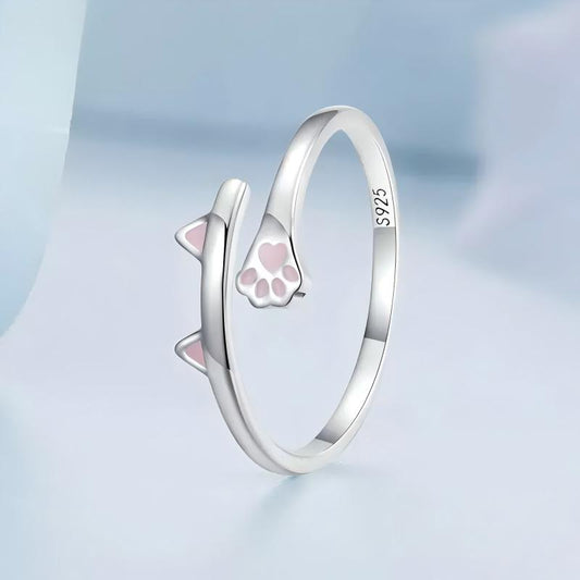 925 Sterling Silver Be Your Meow Cat Paw Pink Enamel Adjustable Ring