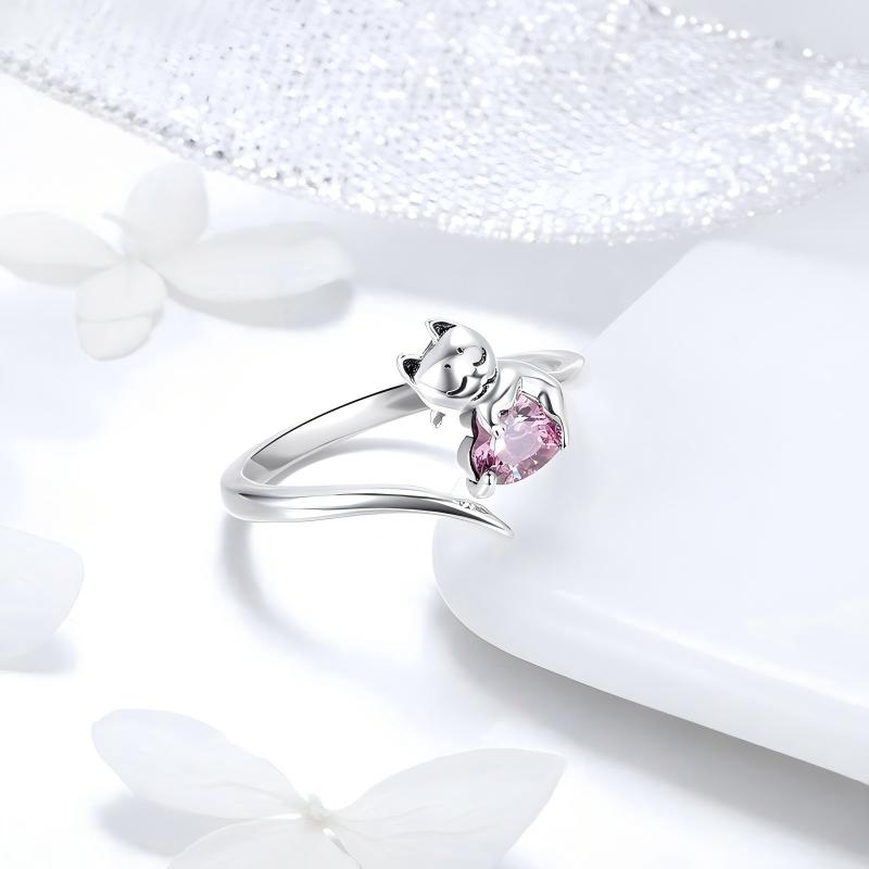 Blush Kitty S925 Silver Pink Heart Cat Adjustable Open Ring