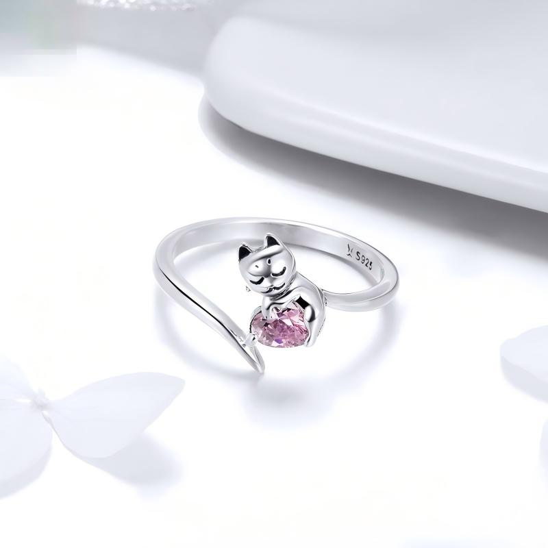 Blush Kitty S925 Silver Pink Heart Cat Adjustable Open Ring