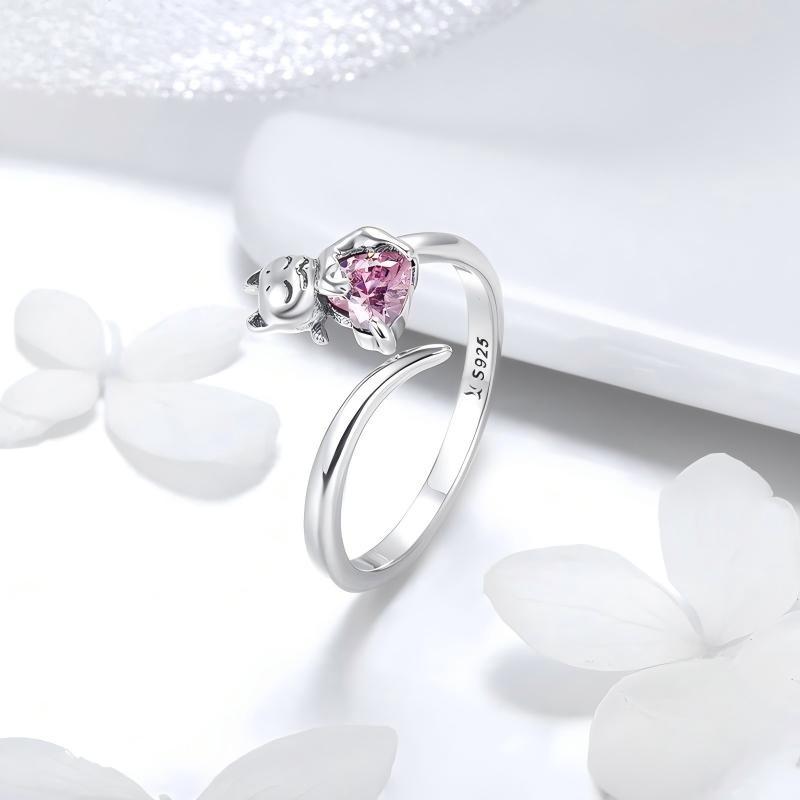 Blush Kitty S925 Silver Pink Heart Cat Adjustable Open Ring