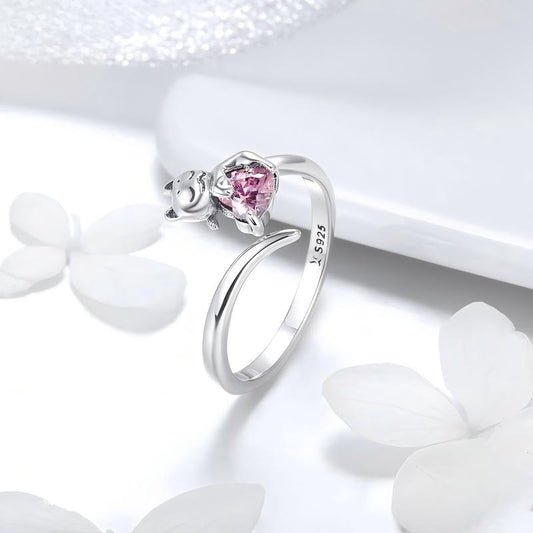 Blush Kitty S925 Silver Pink Heart Cat Adjustable Open Ring