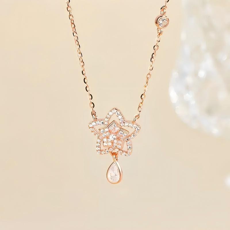 Starlit Dew Star Pendant Necklace with Teardrop Zircon in S925 Sterling Silver