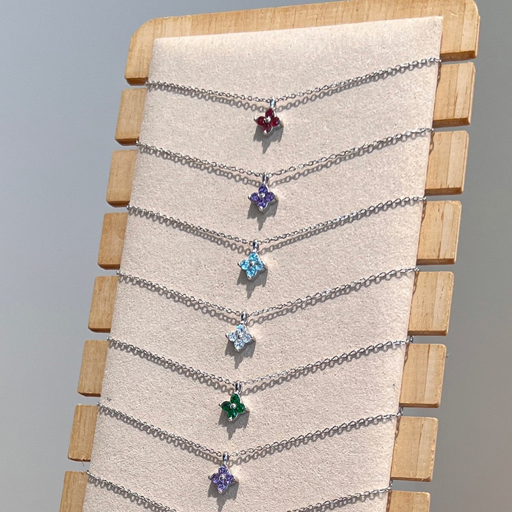 925 Sterling Silver Birthstone Clover Four Leaf Pendant Necklace Platinum Vermeil 12 Colors