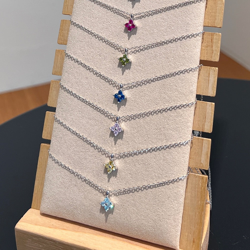 925 Sterling Silver Birthstone Clover Four Leaf Pendant Necklace Platinum Vermeil 12 Colors
