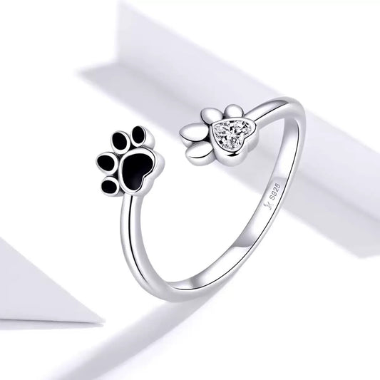 925 Sterling Silver Paw Promise Cat Paw Adjustable Ring with Heart Zircon