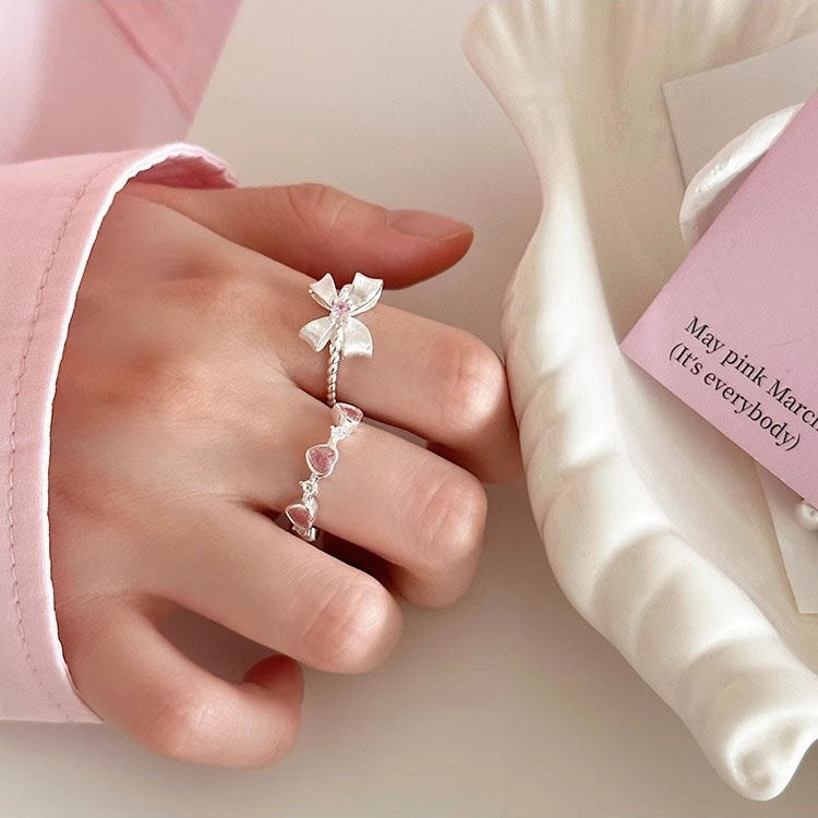 925 Sterling Silver Sweet Charm Ring Pink Zircon Bow Heart Adjustable Ring