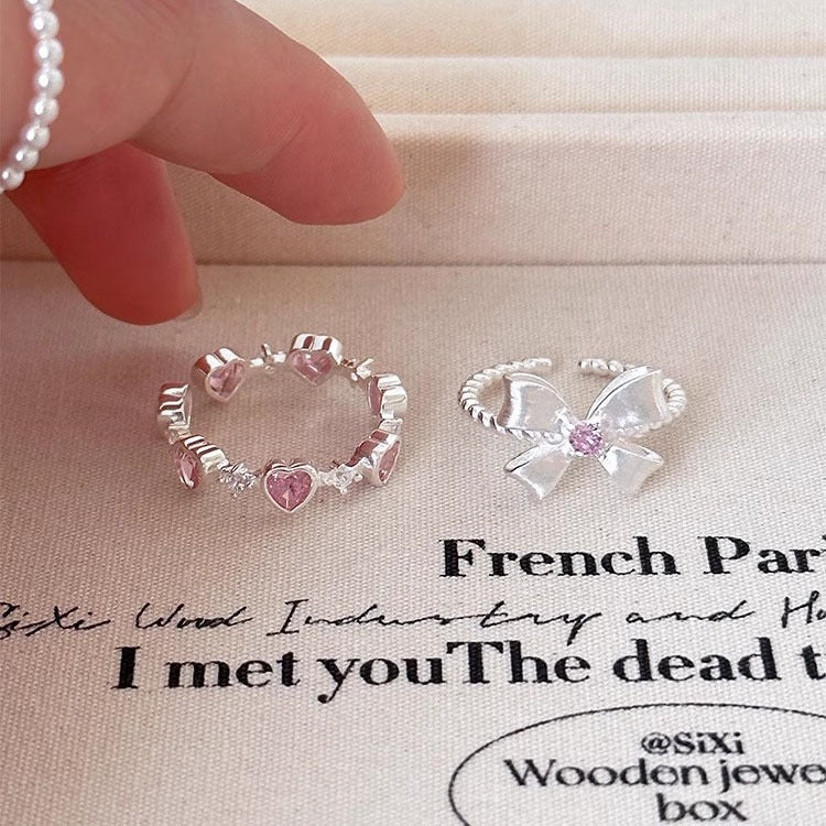 925 Sterling Silver Sweet Charm Ring Pink Zircon Bow Heart Adjustable Ring