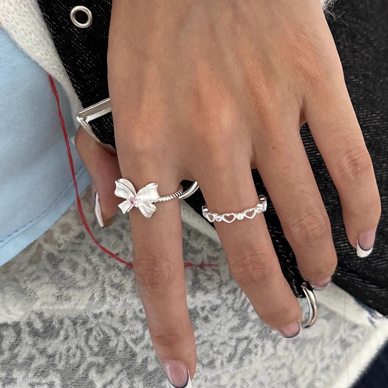 925 Sterling Silver Sweet Charm Ring Pink Zircon Bow Heart Adjustable Ring