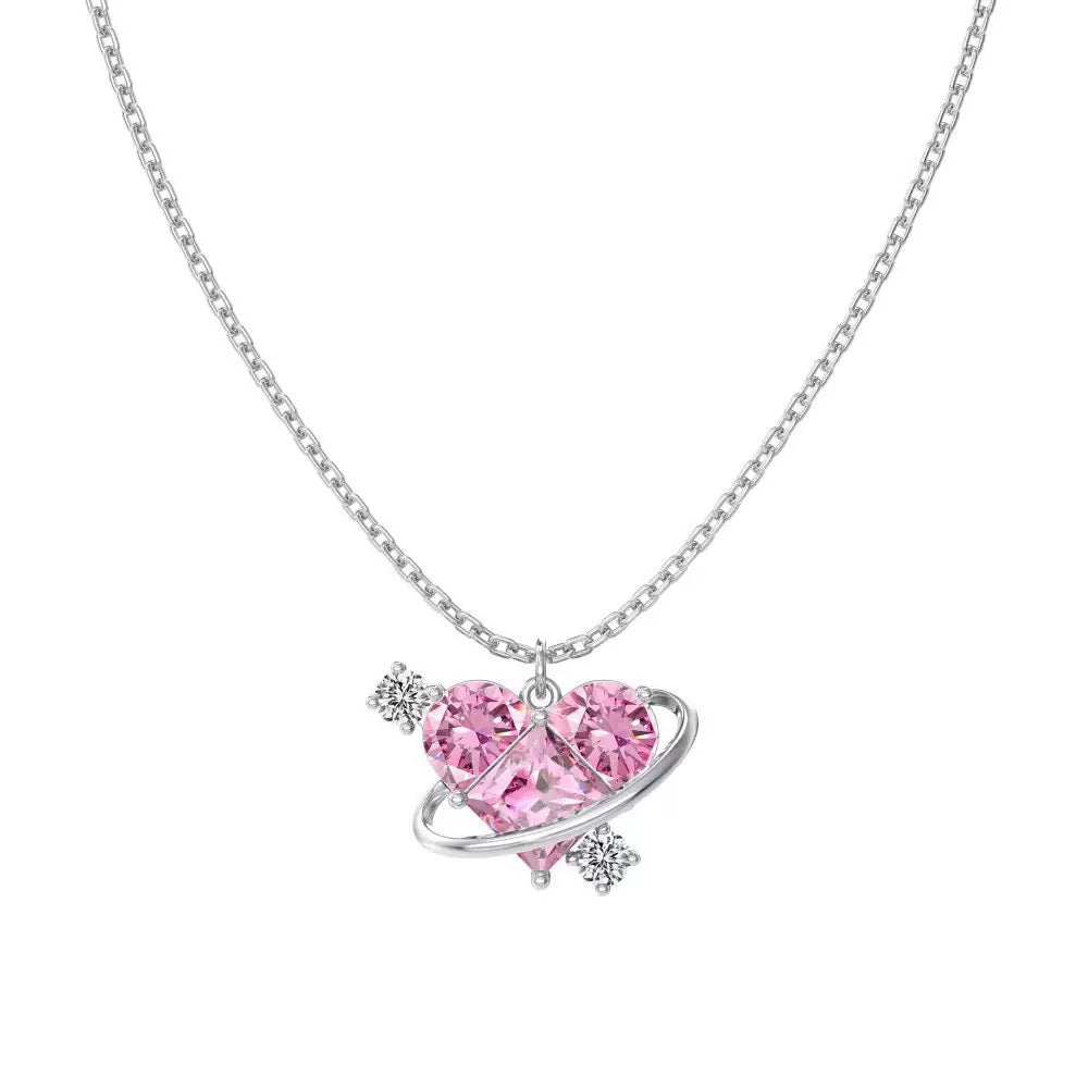 S925 Sterling Silver Orbit of Love Necklace Pink Heart CZ Planet Satellite Design