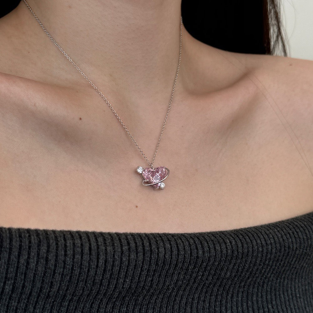 S925 Sterling Silver Orbit of Love Necklace Pink Heart CZ Planet Satellite Design