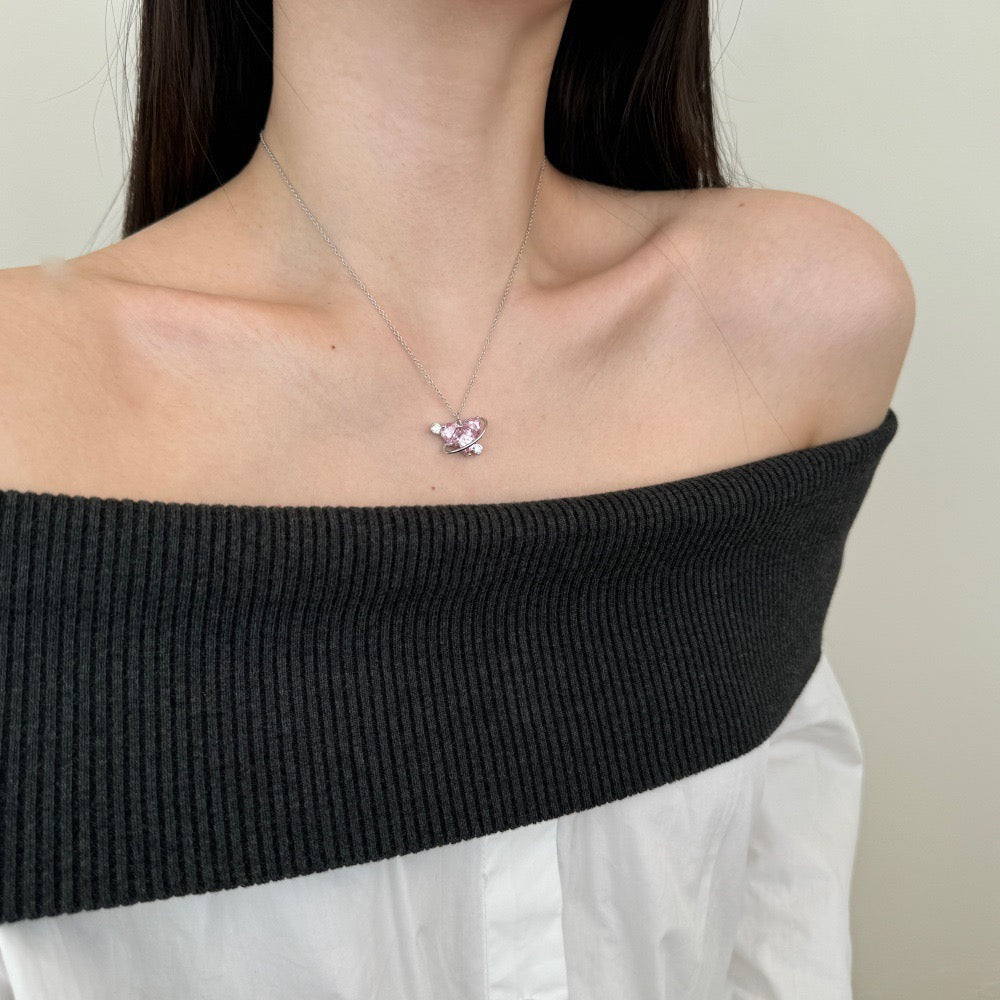 S925 Sterling Silver Orbit of Love Necklace Pink Heart CZ Planet Satellite Design