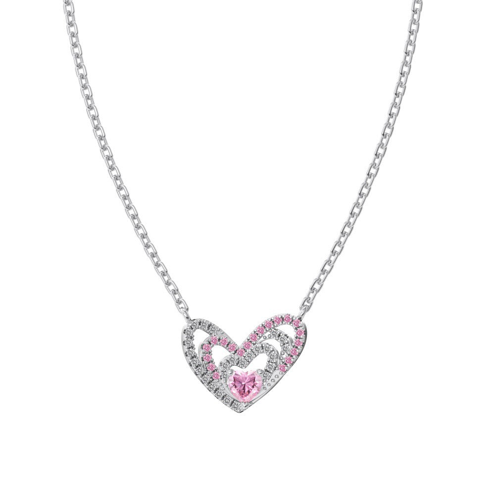 S925 Sterling Silver Endless Love Triple Heart Necklace Pink CZ Layered Pendant