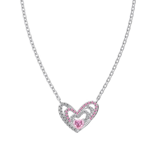 S925 Sterling Silver Endless Love Triple Heart Necklace Pink CZ Layered Pendant