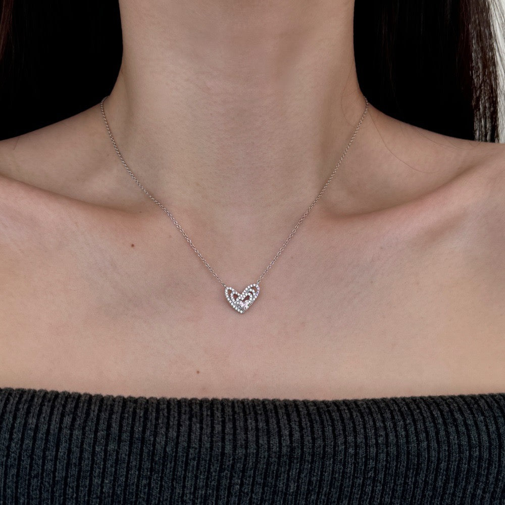 S925 Sterling Silver Endless Love Triple Heart Necklace Pink CZ Layered Pendant