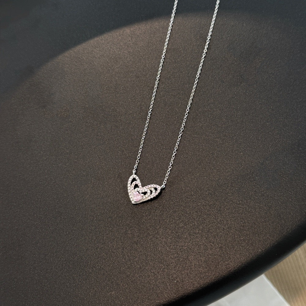 S925 Sterling Silver Endless Love Triple Heart Necklace Pink CZ Layered Pendant