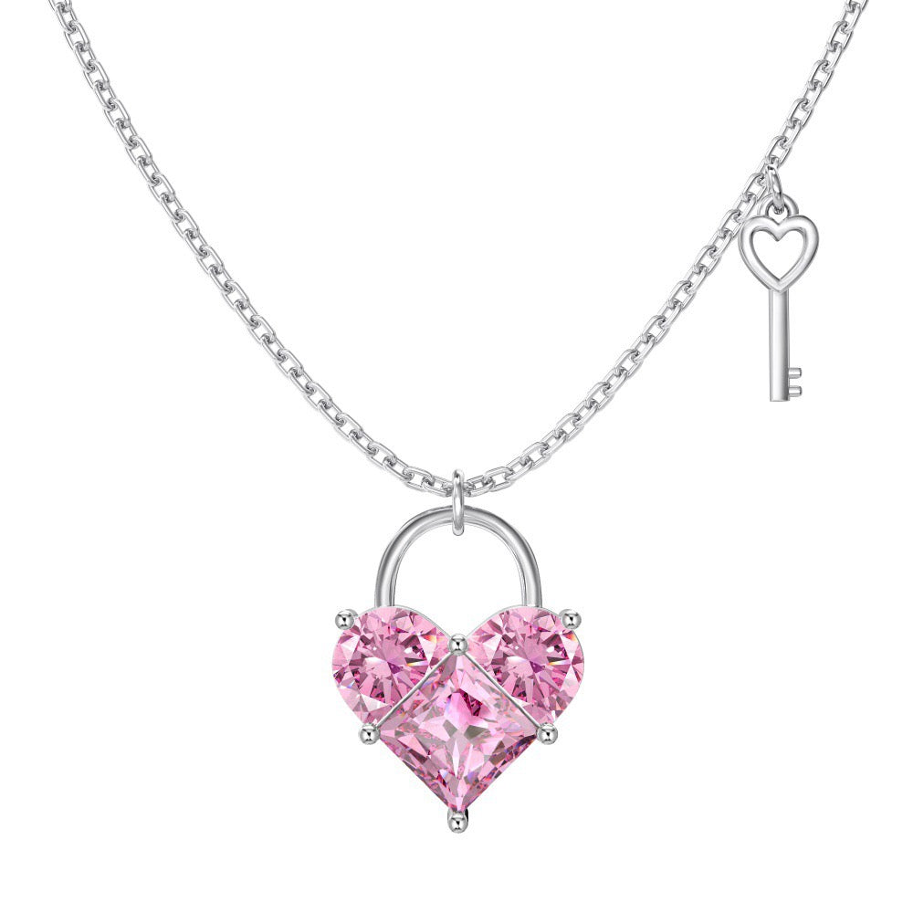 S925 Sterling Silver Key to My Heart Necklace Pink Heart CZ Key Pendant Romantic Jewelry