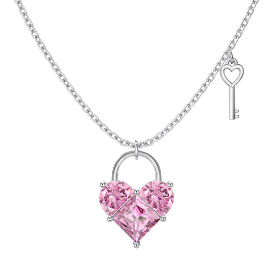 S925 Sterling Silver Key to My Heart Necklace Pink Heart CZ Key Pendant Romantic Jewelry
