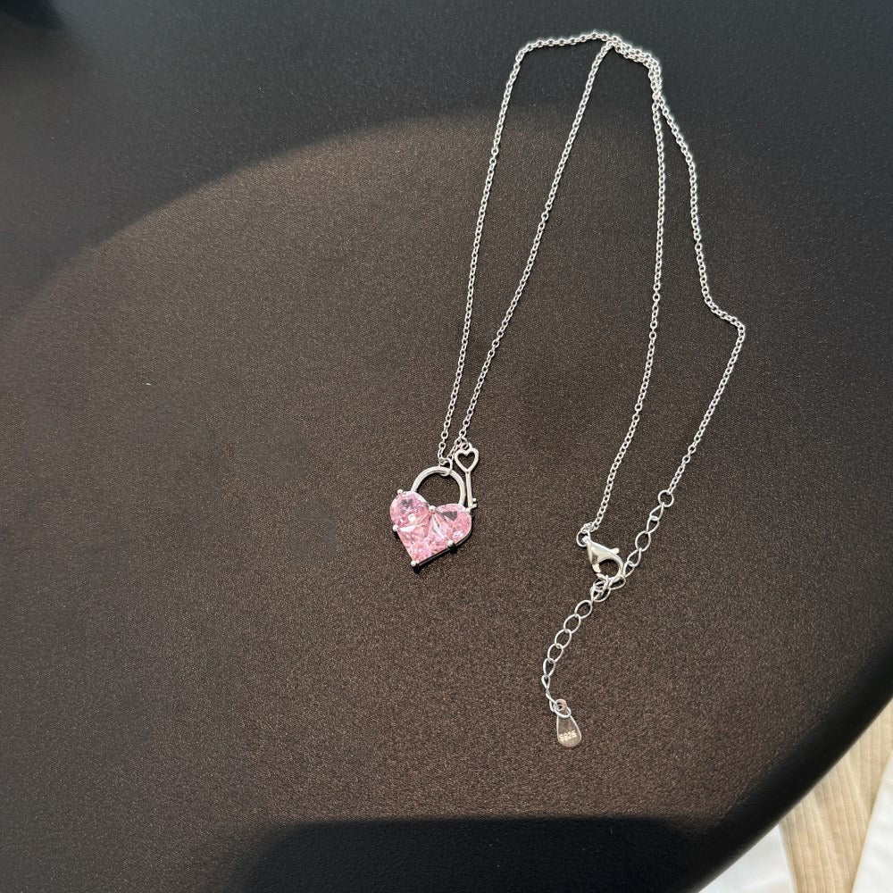 S925 Sterling Silver Key to My Heart Necklace Pink Heart CZ Key Pendant Romantic Jewelry