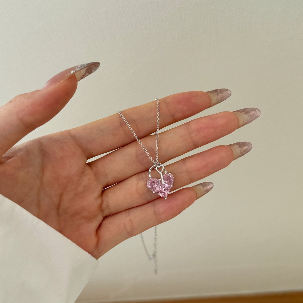 S925 Sterling Silver Key to My Heart Necklace Pink Heart CZ Key Pendant Romantic Jewelry