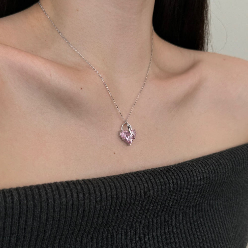 S925 Sterling Silver Key to My Heart Necklace Pink Heart CZ Key Pendant Romantic Jewelry