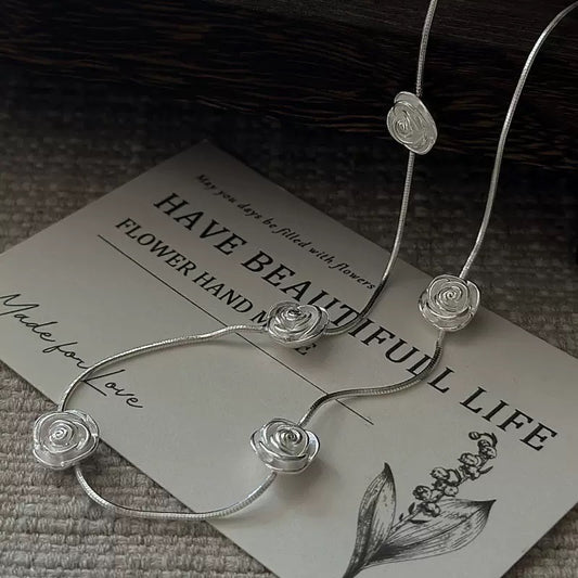 S925 Sterling Silver Rose Whispers Necklace Five Rose Floral Chain Adjustable