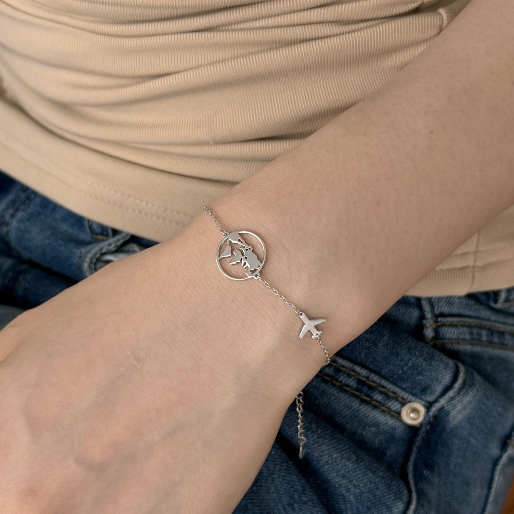 S925 Sterling Silver Globe Airplane Travel Bracelet Adjustable