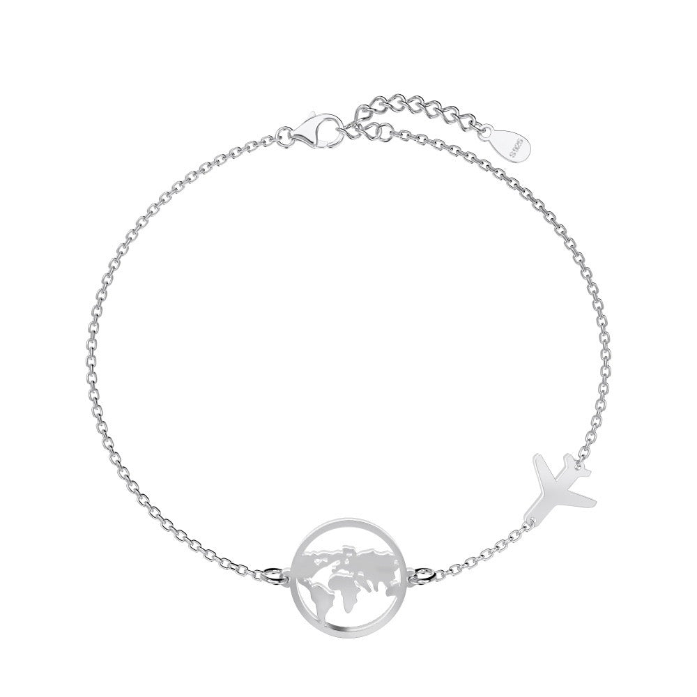 S925 Sterling Silver Globe Airplane Travel Bracelet Adjustable