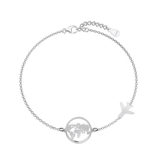S925 Sterling Silver Globe Airplane Travel Bracelet Adjustable