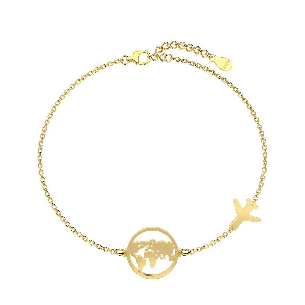 S925 Sterling Silver Globe Airplane Travel Bracelet Adjustable