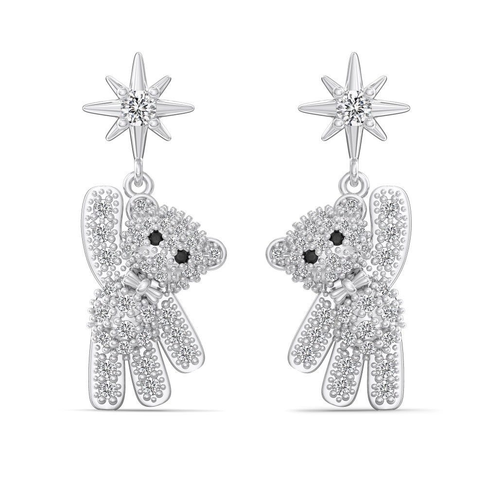 S925 Sterling Silver Teddy Bear CZ Stud Earrings Gold Plated