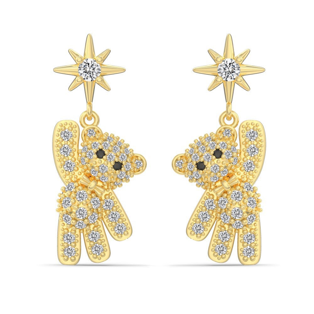S925 Sterling Silver Teddy Bear CZ Stud Earrings Gold Plated