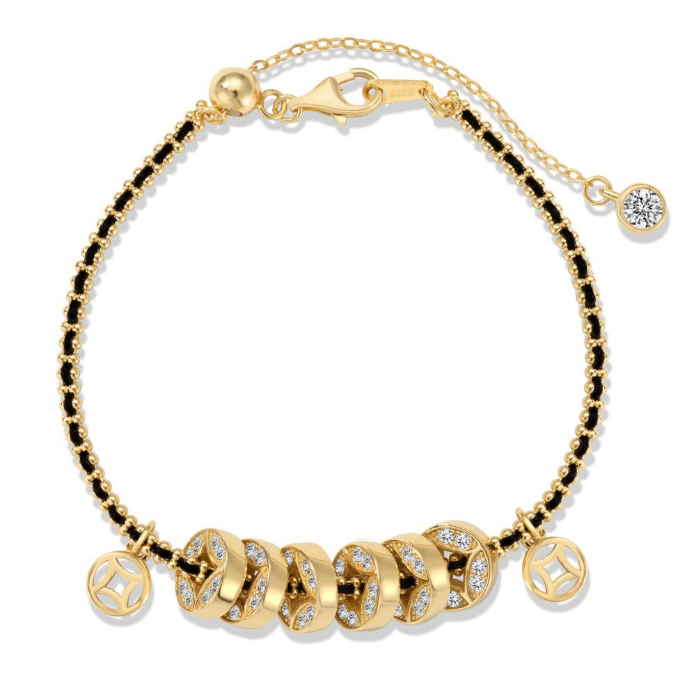 S925 Sterling Silver Coin Charm Bracelet Black-Gold Braided Cord