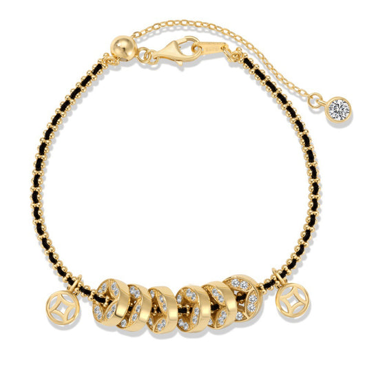 S925 Sterling Silver Coin Charm Bracelet Black-Gold Braided Cord