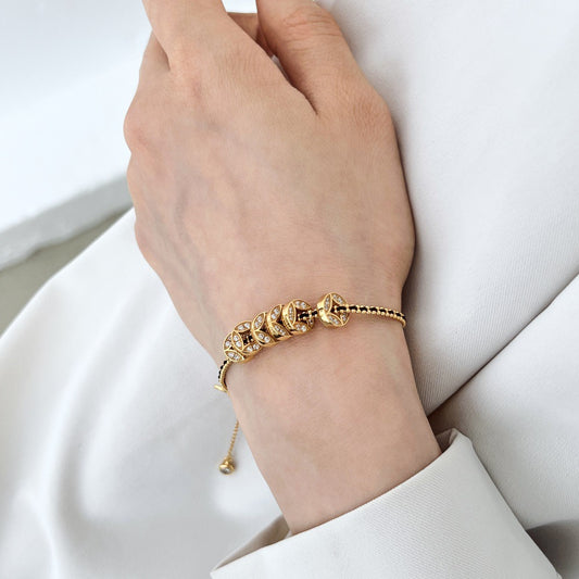 S925 Sterling Silver Coin Charm Bracelet Black-Gold Braided Cord