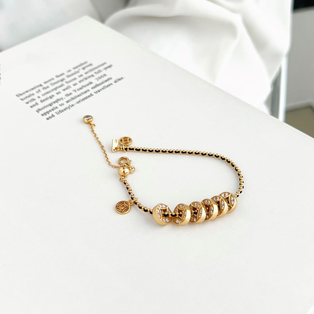 S925 Sterling Silver Coin Charm Bracelet Black-Gold Braided Cord